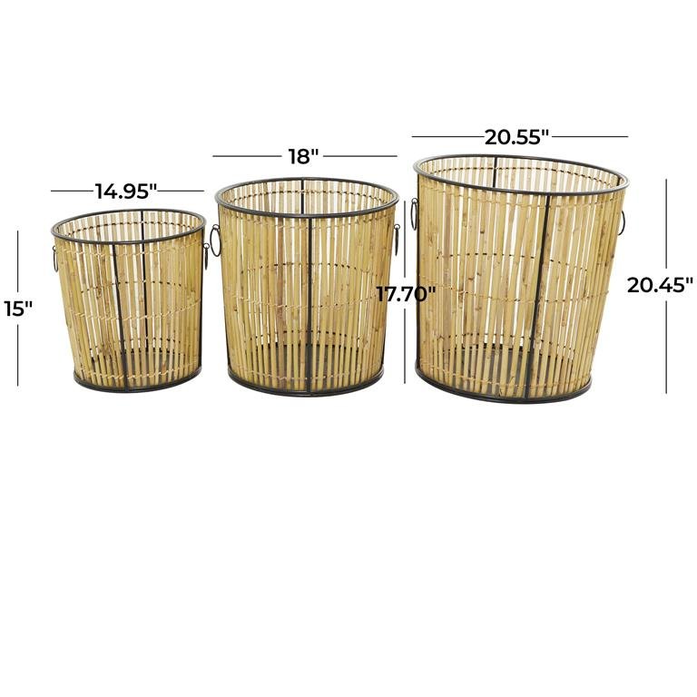 wholesale Light Brown Rattan Handmade Slatted Frame Decorative and Functional Storage Basket Ring Handles,Set of 3 20",18", 15"H