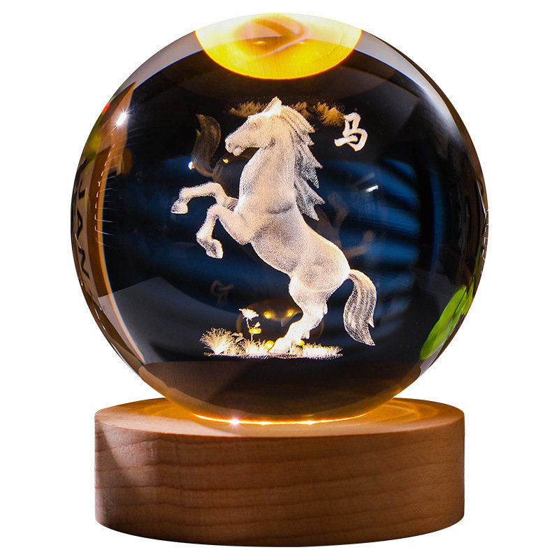 60mm Glass Solar System Sphere 3D Laser Engraved Galaxy Crystal Ball with Wooden LED Light Base for Home Decor and Gifts