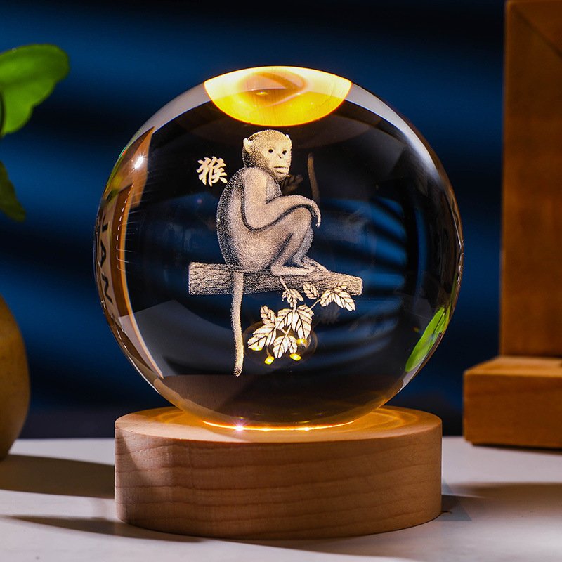 60mm Glass Solar System Sphere 3D Laser Engraved Galaxy Crystal Ball with Wooden LED Light Base for Home Decor and Gifts
