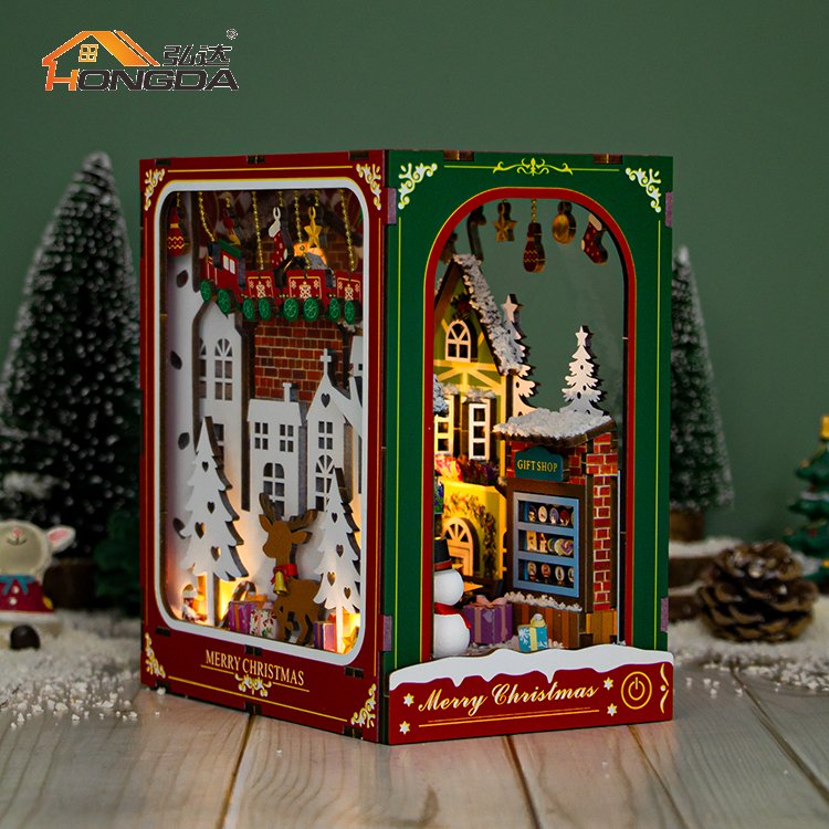 Hongda New PC2417 Winter of Christmas Handmade Miniature Diy Book Kit Nook Wooden Book Nook With Light
