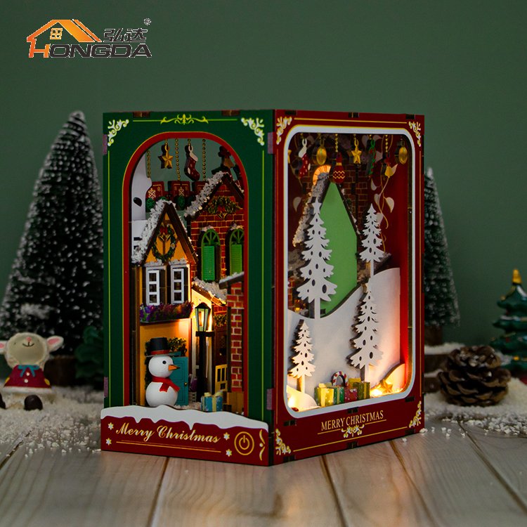 Hongda New PC2417 Winter of Christmas Handmade Miniature Diy Book Kit Nook Wooden Book Nook With Light
