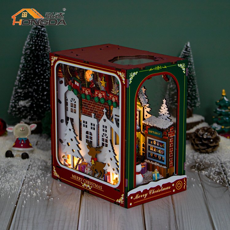 Hongda New PC2417 Winter of Christmas Handmade Miniature Diy Book Kit Nook Wooden Book Nook With Light