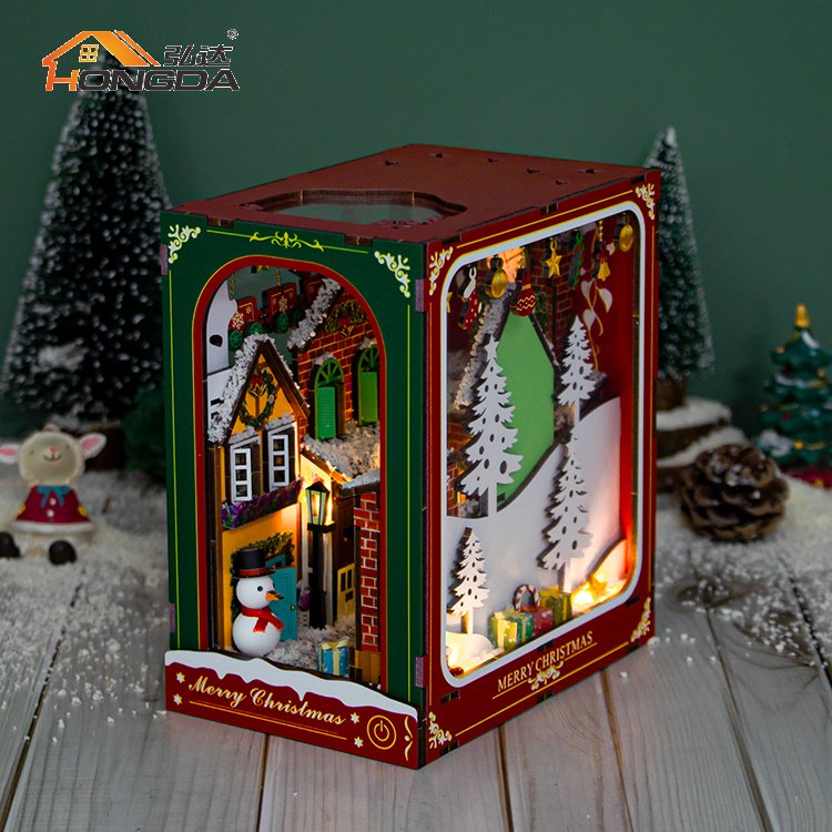 Hongda New PC2417 Winter of Christmas Handmade Miniature Diy Book Kit Nook Wooden Book Nook With Light