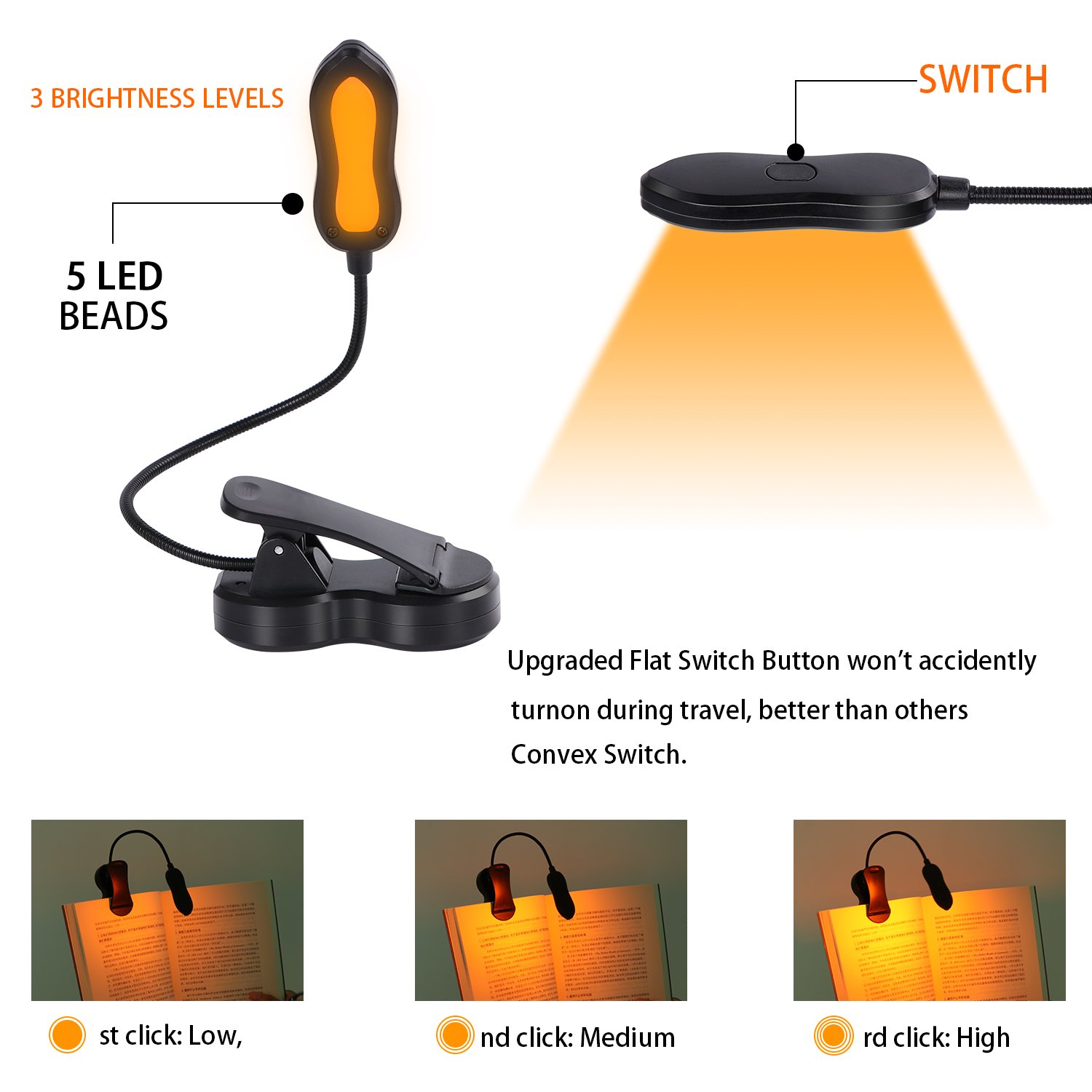 Clip on Book Lamp, Blue Light Blocking, 3 Brightness Eye Care Sleep Aid Lights, Amber Book Light for Kids and Kindle