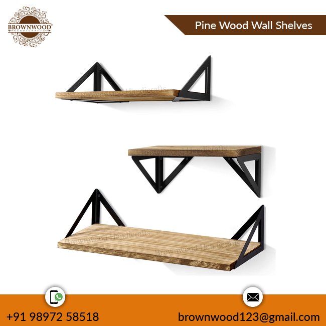 Premium Quality Pine Wood Wall Shelves Set of 3 From Indian Manufacturer & Exporter Wooden Wall Shelf Sets wIth Metal Stand