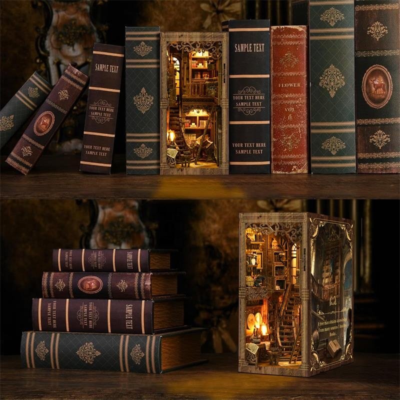 Custom laser cutting miniature library 3d wooden bookend UV printing miniature action book nook
