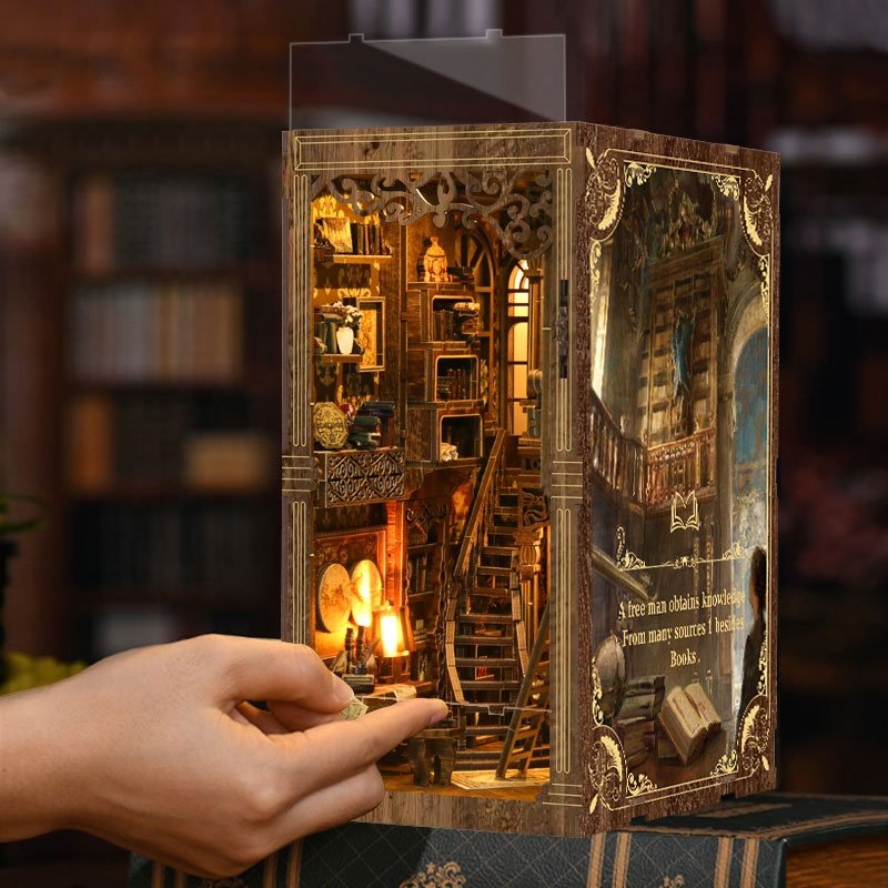 Custom laser cutting miniature library 3d wooden bookend UV printing miniature action book nook