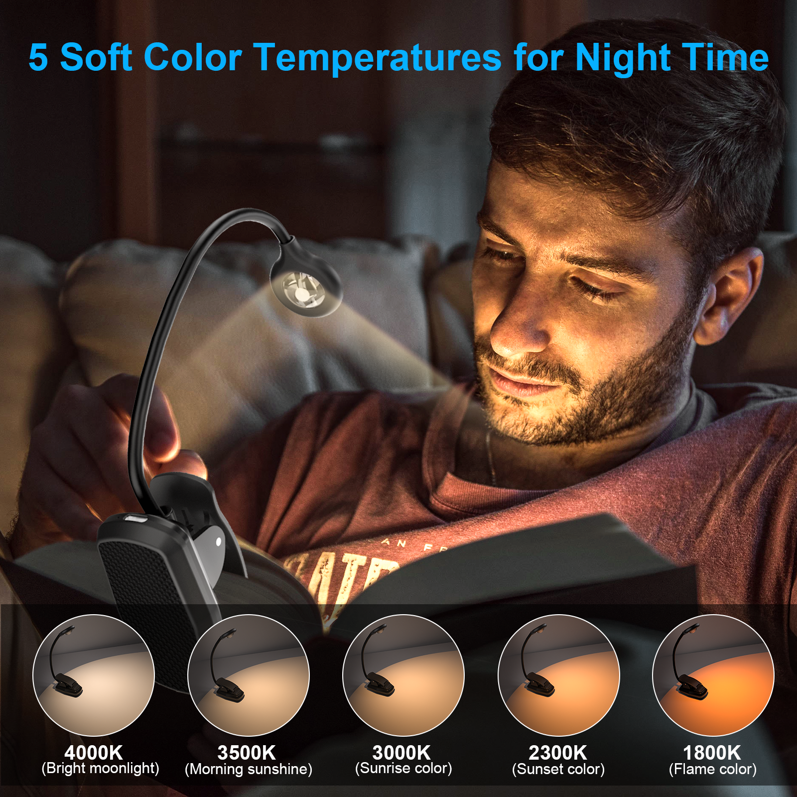 New Designed Flexible Led Rechargeable Book Light Five Color Temperature Dimming Book Light