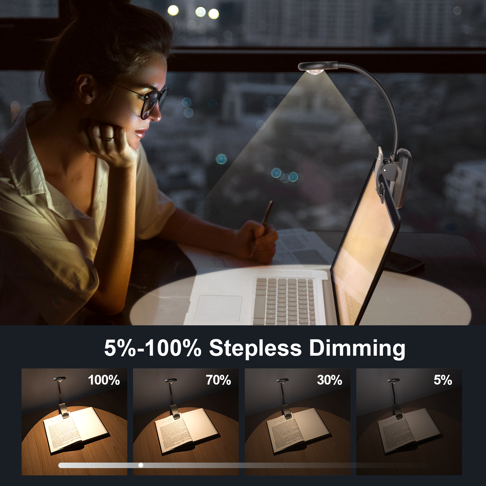 New Designed Flexible Led Rechargeable Book Light Five Color Temperature Dimming Book Light