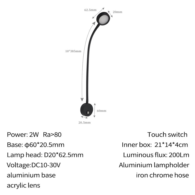 LED RV reading lamp 2w bedroom bedside wall lamp reading lamp book lights for home switch control Snake neck