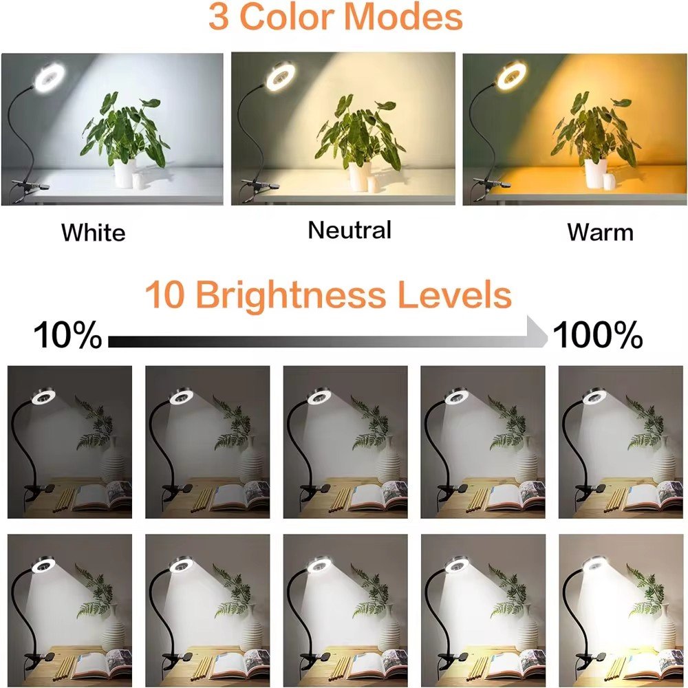 New Style USB Book Light Clip Desk Lamp 48 LED Reading Light 3 Color Mode 10 Brightness Dimmer Flexible Gooseneck Bed Night Lamp