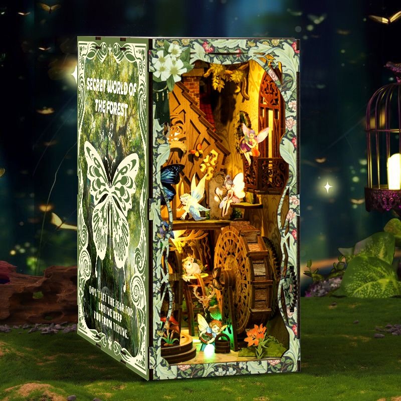 Hot selling forest diy house miniature UV printing wood puzzle diy book nook kit for decorate