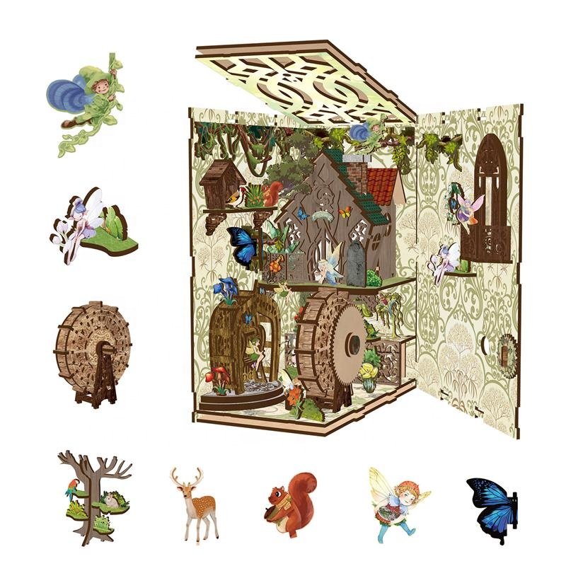Hot selling forest diy house miniature UV printing wood puzzle diy book nook kit for decorate