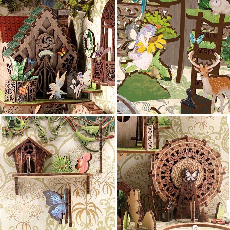Hot selling forest diy house miniature UV printing wood puzzle diy book nook kit for decorate