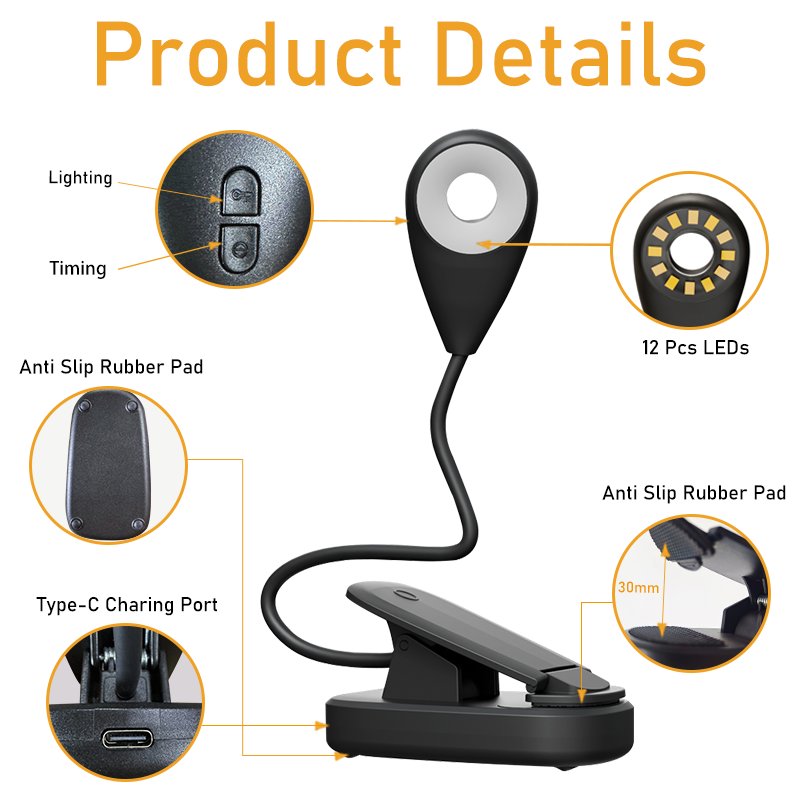 3 Colors Book light Round Dimmable Clip 12 LED Reading Book Lamp