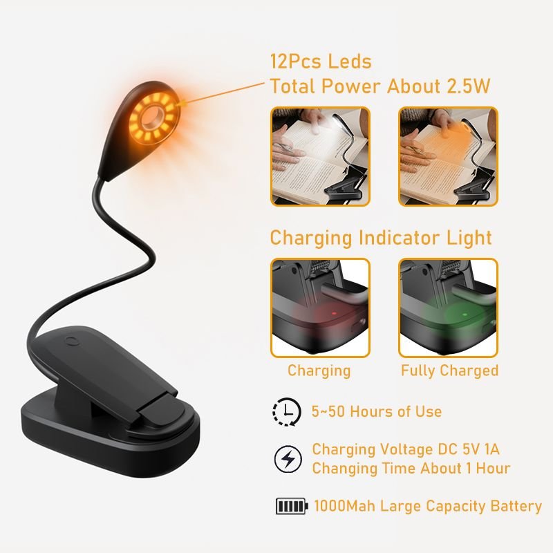 3 Colors Book light Round Dimmable Clip 12 LED Reading Book Lamp