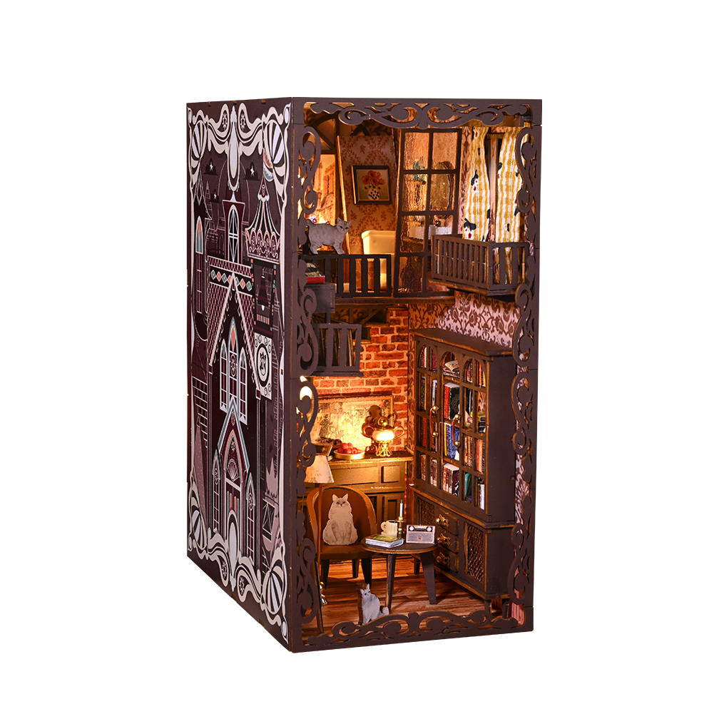 IIECREATE 3D Wooden Puzzle Bookshelf Handmade Craft DIY Book Nook Kit with LED Light Book Nook Miniature Dollhouse