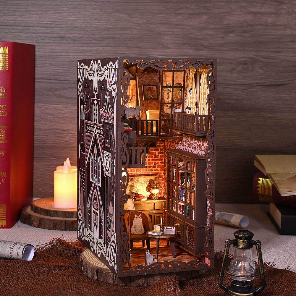 IIECREATE 3D Wooden Puzzle Bookshelf Handmade Craft DIY Book Nook Kit with LED Light Book Nook Miniature Dollhouse
