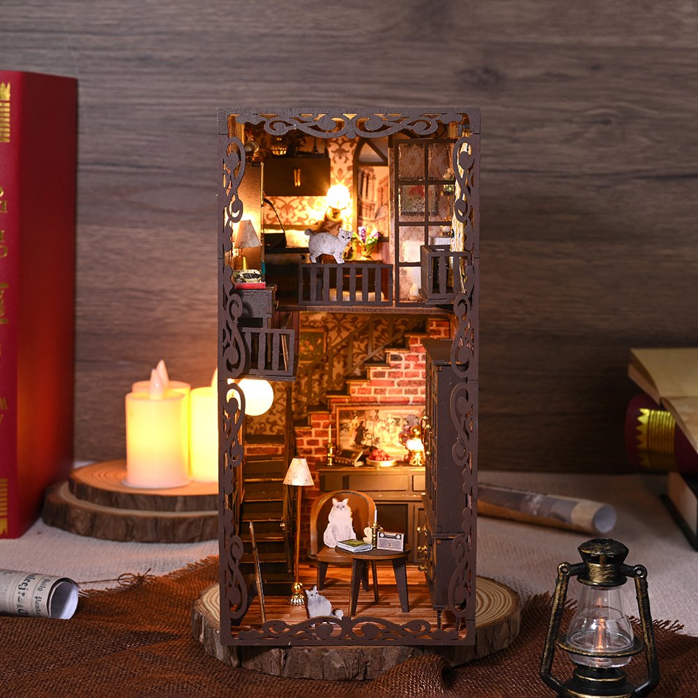 IIECREATE 3D Wooden Puzzle Bookshelf Handmade Craft DIY Book Nook Kit with LED Light Book Nook Miniature Dollhouse