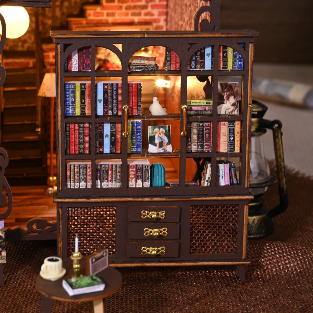 IIECREATE 3D Wooden Puzzle Bookshelf Handmade Craft DIY Book Nook Kit with LED Light Book Nook Miniature Dollhouse