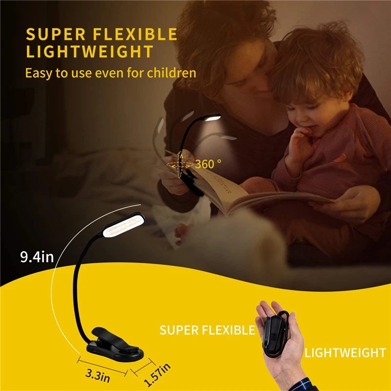 Rechargeable Book Light 7 LED Reading Light with 3-Level Warm Cool White Daylight Flexible Easy Clip Night Reading Lamp in Bed