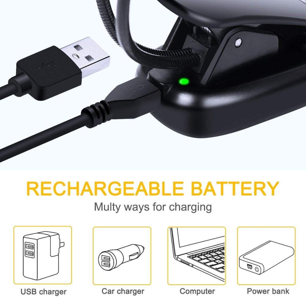 Reading Light 14 LED USB Rechargeable and Eye-Care Book Light, Flexible Clip Reading Lamp in Bed Music Stand Light Night