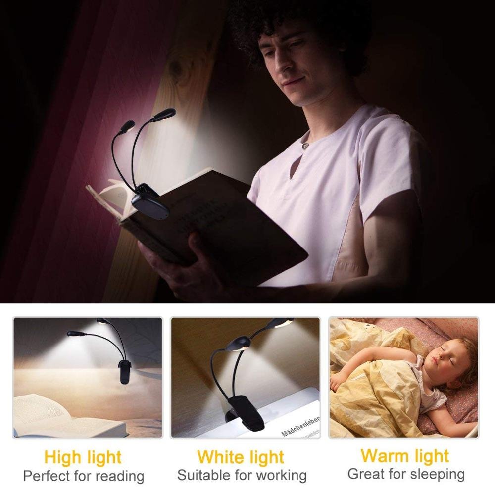 Reading Light 14 LED USB Rechargeable and Eye-Care Book Light, Flexible Clip Reading Lamp in Bed Music Stand Light Night
