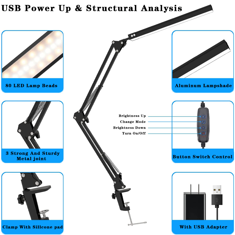 Metal industrial long arm folding led eye protection table lamp retro desk bedside reading clip table lamp swing lamp