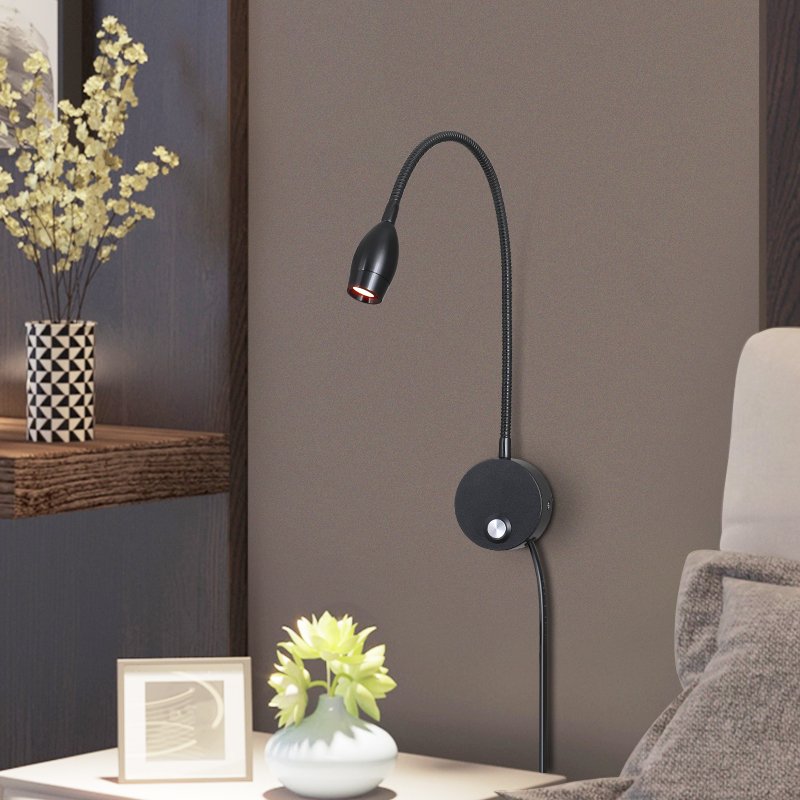 Simple reading light for hotel bedroom wall mounted reading book light 3W 360 degree rotation Gooseneck Dimmable Bedside Lights