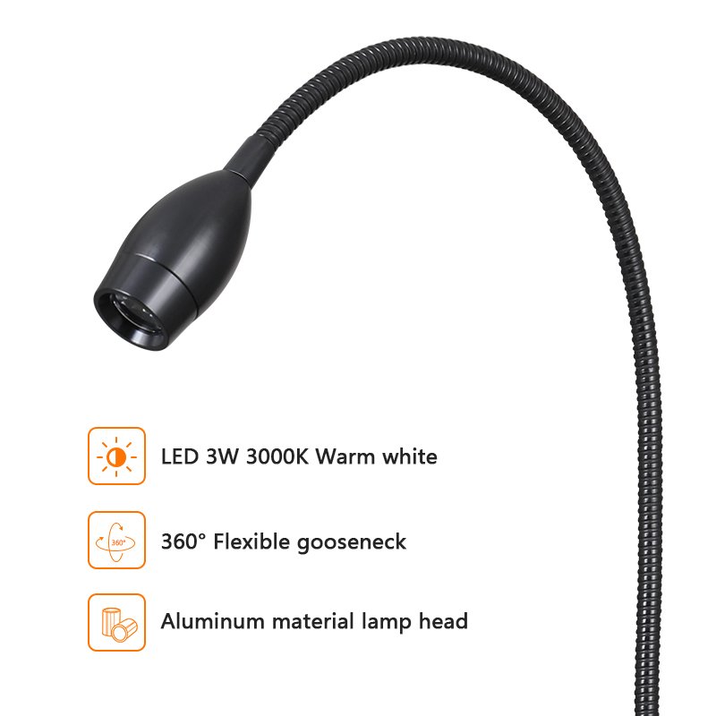 Simple reading light for hotel bedroom wall mounted reading book light 3W 360 degree rotation Gooseneck Dimmable Bedside Lights
