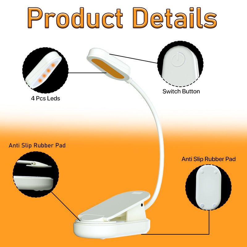 3 Brightness Levels USB Rechargeable Clip on LED Book Lights USB Music Stand Book Light
