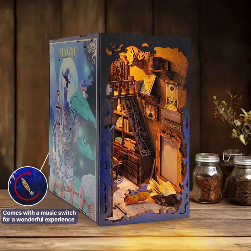 DIY Miniature House Model Wood Book Nooks Laser Cut 3D Wooden Puzzle Shelf Insert Bookend STEM Kit Led Light Halloween gift