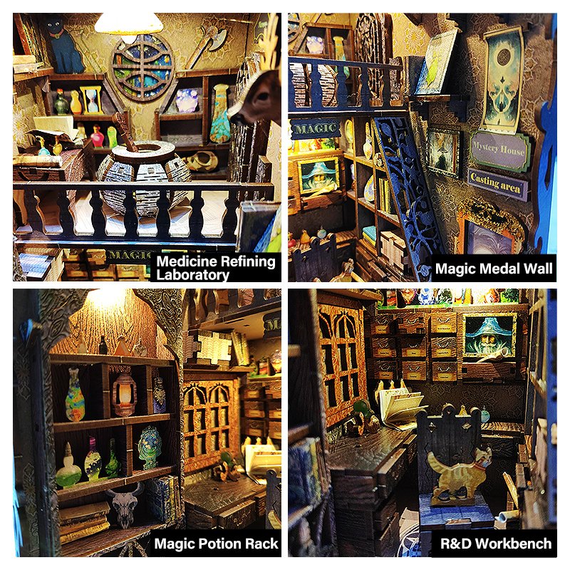 DIY Miniature House Model Wood Book Nooks Laser Cut 3D Wooden Puzzle Shelf Insert Bookend STEM Kit Led Light Halloween gift