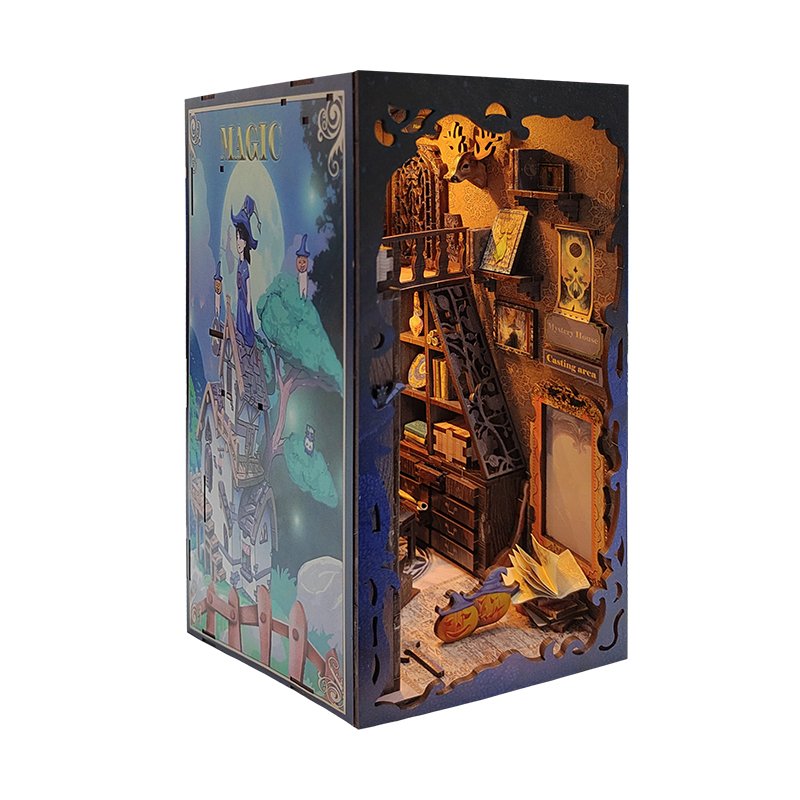 DIY Miniature House Model Wood Book Nooks Laser Cut 3D Wooden Puzzle Shelf Insert Bookend STEM Kit Led Light Halloween gift