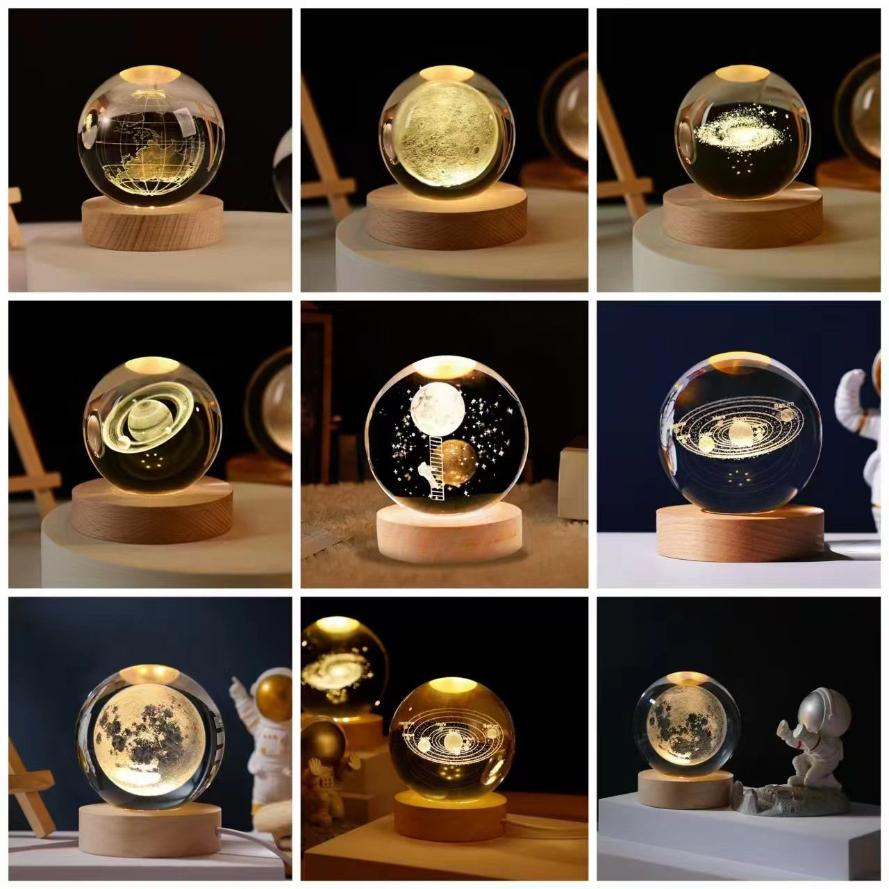 3D Art Crystal Ball Night Lamp with LED Lights Solar System Luna Saturn Sphere Book Decor Home Decorative Saturn Lamp