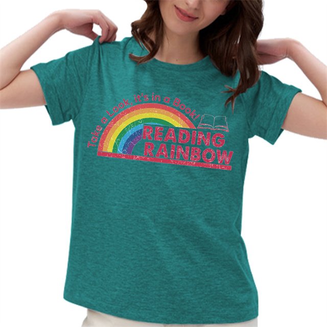 2024 European Fashion Rainbow Book Letter Print T Shirt Women Casual Everyday Short Length Polyester Wholesale Logo Decoration
