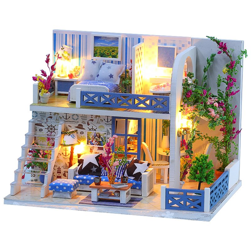 IIECREATE 3D DIY Assembly Wooden Handmade mediterranean Miniature Doll House kit With Light For Adult