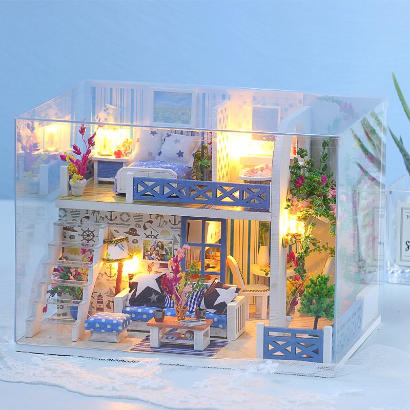 IIECREATE 3D DIY Assembly Wooden Handmade mediterranean Miniature Doll House kit With Light For Adult