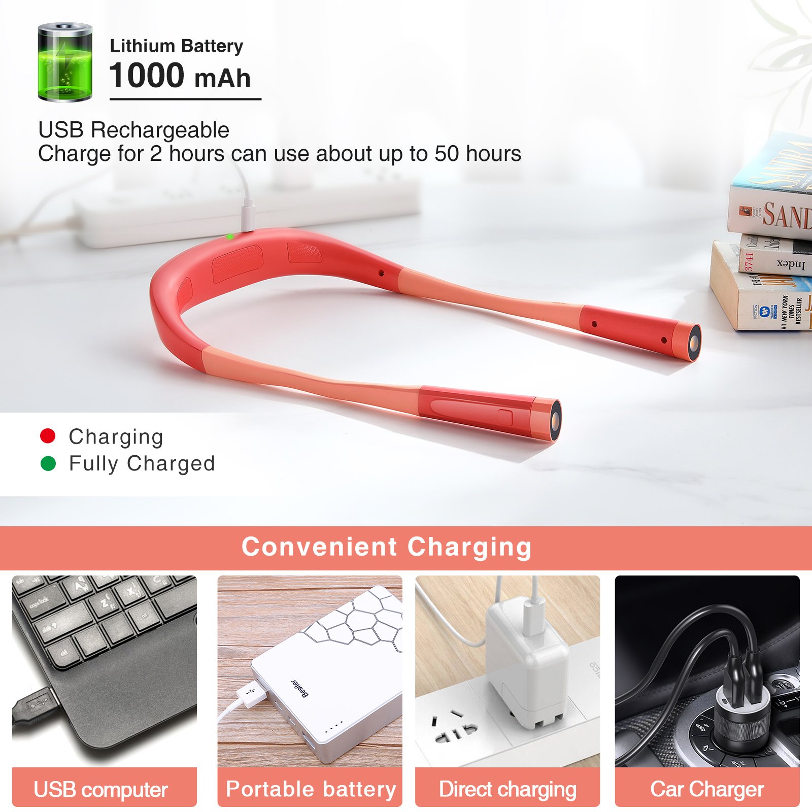 Neck Reading Light, Book Light, Rechargeable, 5 Color Temperatures Adjustment, 3 Brightness Dimmer