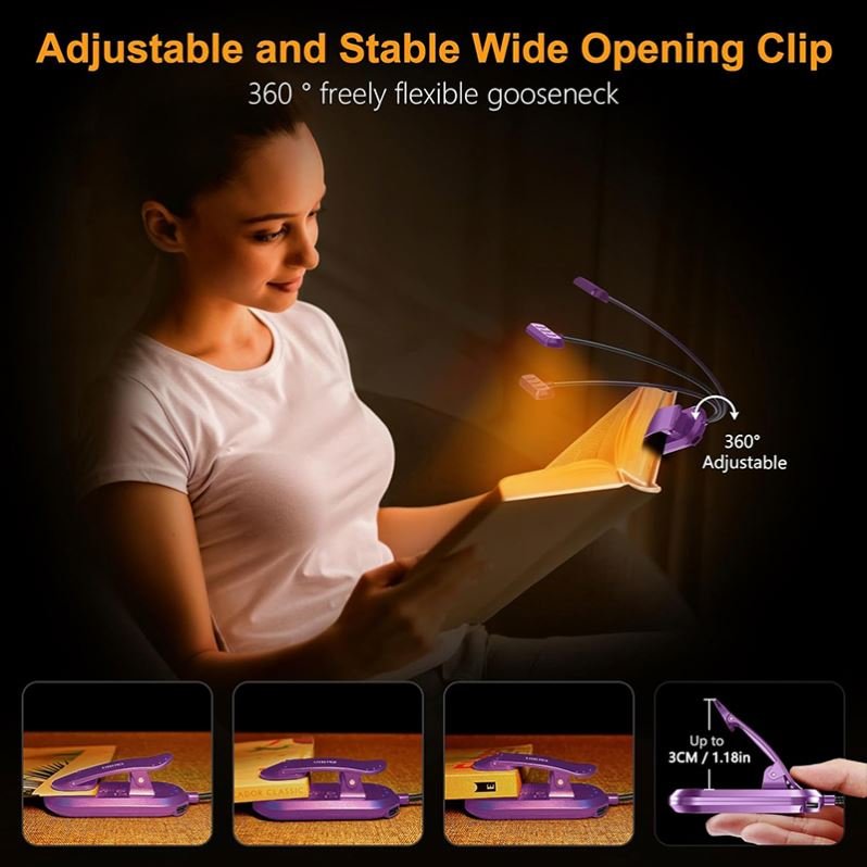 Book Light Reading Bedside LED Rechargeable Stepless Dimming Brightness Book clip Night lamp