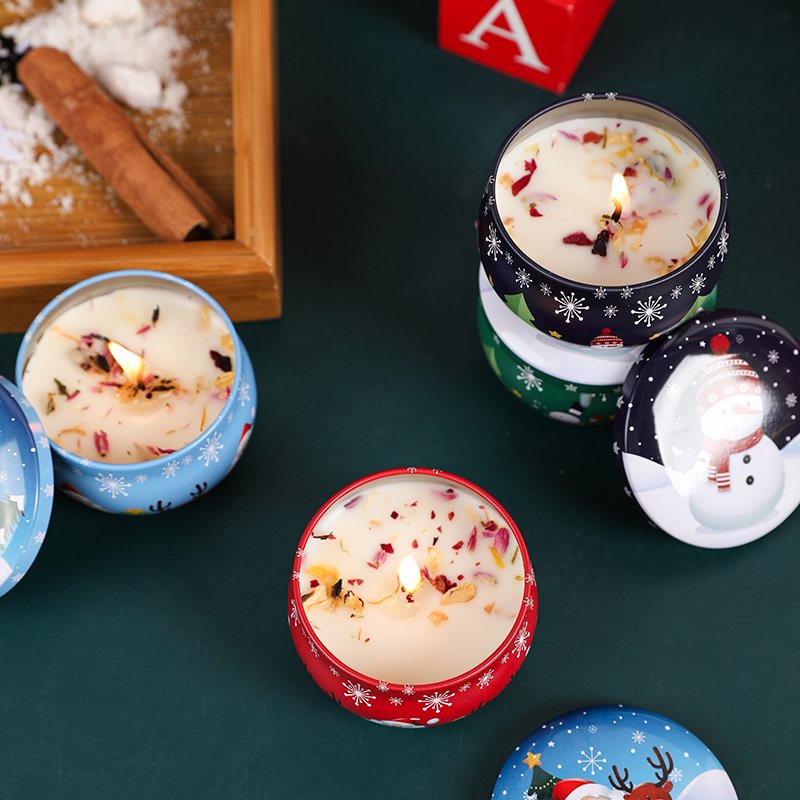 Christmas candle set in tin can Christmas souvenir Nordic indoor scented candle gift box with dry flowers