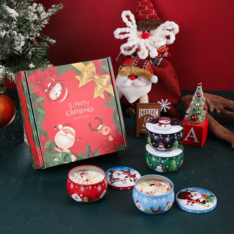 Christmas candle set in tin can Christmas souvenir Nordic indoor scented candle gift box with dry flowers