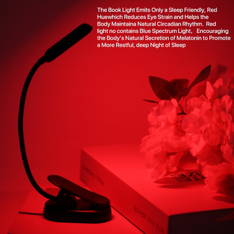 660nm Healthy Red Light Brightness Adjust LED Clip on Portable Reading in Bed USB Rechargeable Book Light for Eye-Protection