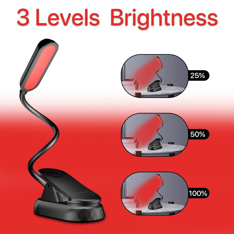 660nm Healthy Red Light Brightness Adjust LED Clip on Portable Reading in Bed USB Rechargeable Book Light for Eye-Protection