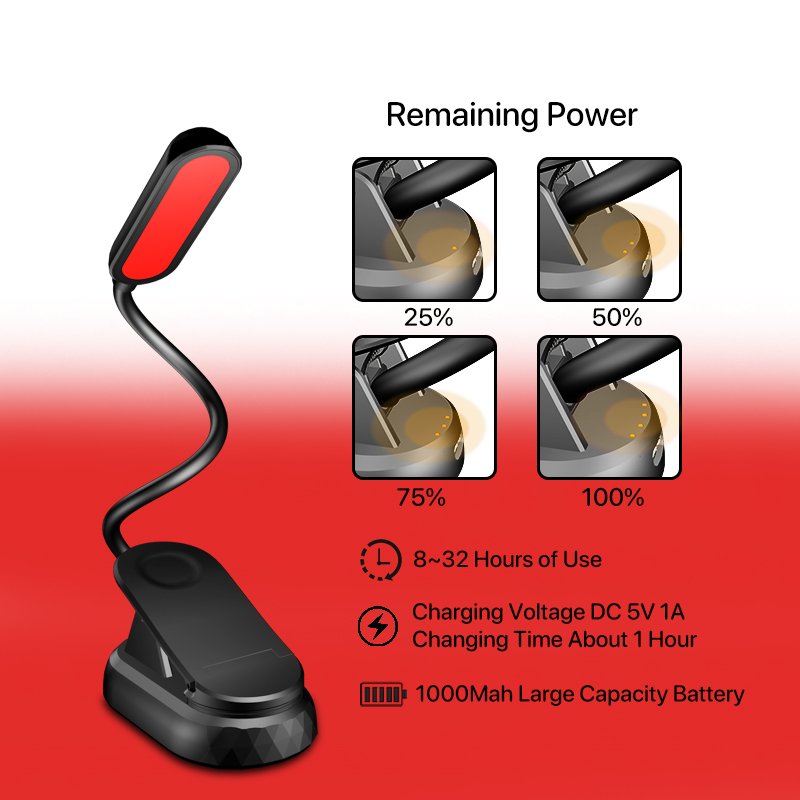 660nm Healthy Red Light Brightness Adjust LED Clip on Portable Reading in Bed USB Rechargeable Book Light for Eye-Protection