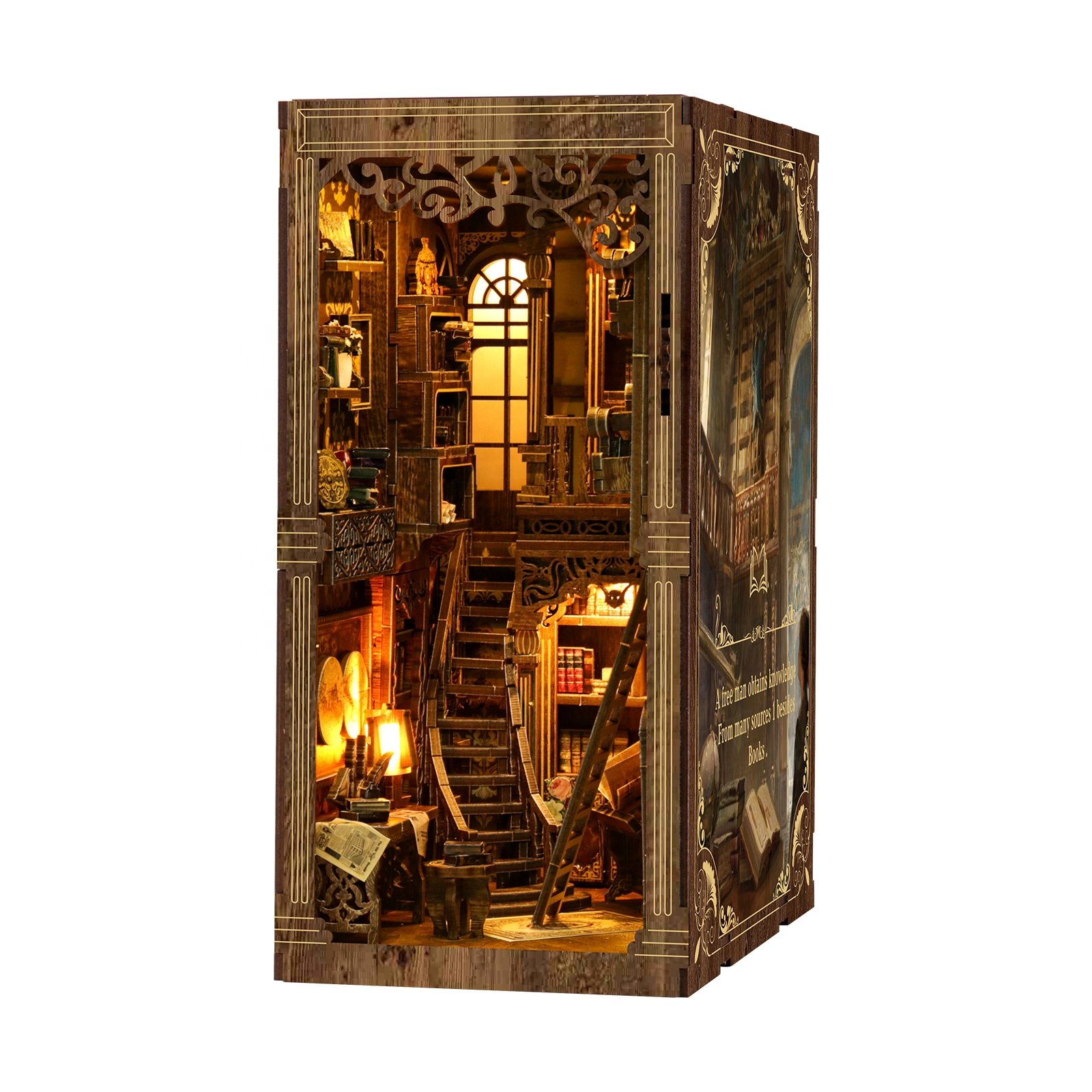 Manufacturer custom miniature library book nook worlds 3d wooden puzzle bookend UV printing action book nook