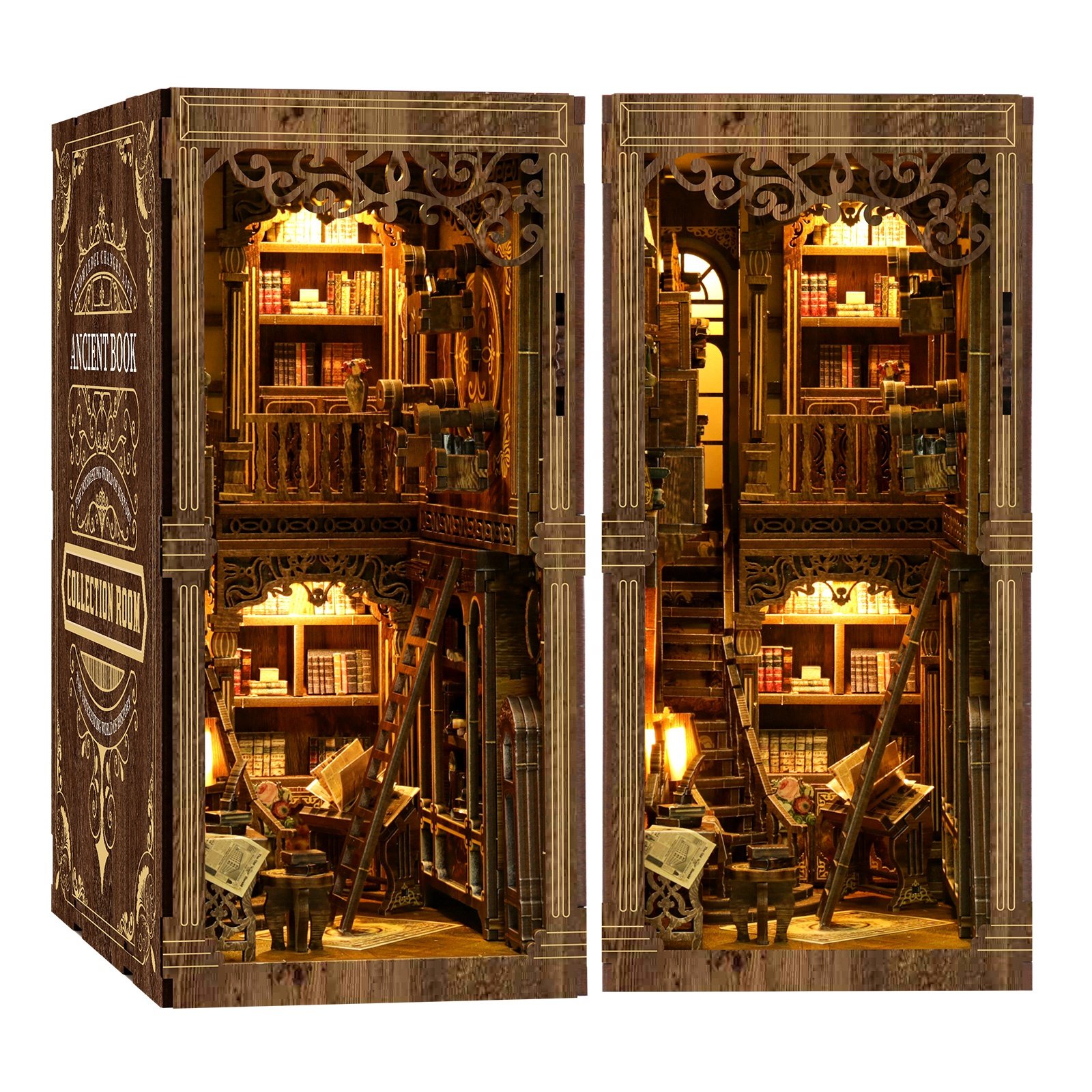 Manufacturer custom miniature library book nook worlds 3d wooden puzzle bookend UV printing action book nook