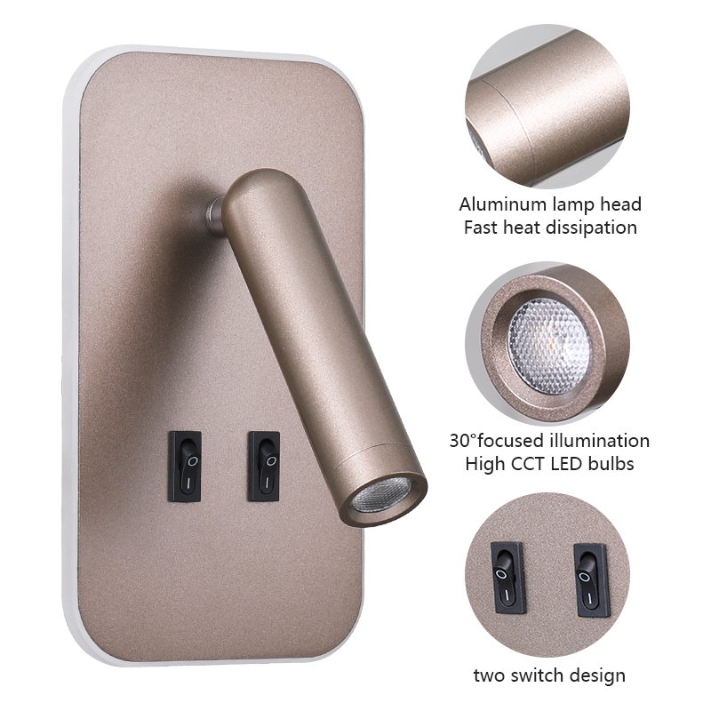 Modern Hotel Rotatable Wall mounted 3W led Book Reading Wall Light With Switch bedroom Bedside Wall Lamp