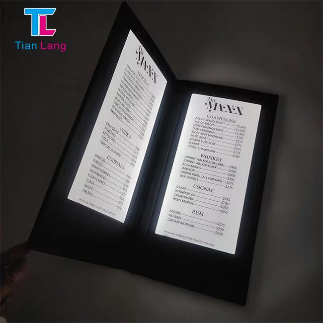 Custom A4 Insert Illuminated Wine Menu LED Backlit Menu Cover Made of PU with UV Printing Logo
