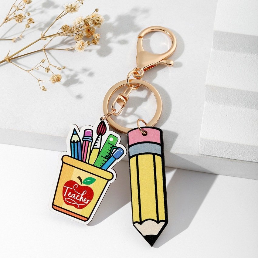 Teachers' Day Gift Apple Book Pencil Holder Eye Pencil Rainbow Pendant Keychain for Women Teacher Hainon 1625